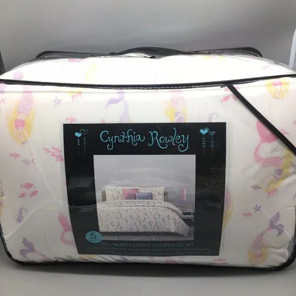 5pc Cynthia Rowley Mermaid FULL QUEEN Comforter Pillow Set Ocean Turtle Seahorse